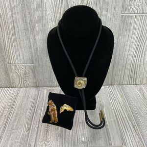 Vintage Montana Bolo Tie Black Cord Bear Lapel Pin Fish Lapel Pin Nature Outdoor